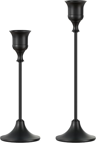 FSyueyun Juego de 2 portavelas color negro, elegantes portavelas de metal para candelabros cónicos vintage, perfectos para centros de mesa,