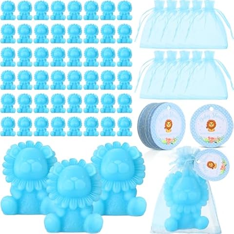 Linyuthia 50 Sets Lion Soap Baby Shower Favors Handmade Safari Baby Shower Favors for Guests Soaps with Organza Bags Thanks Tags Wedding Party Guests Cover