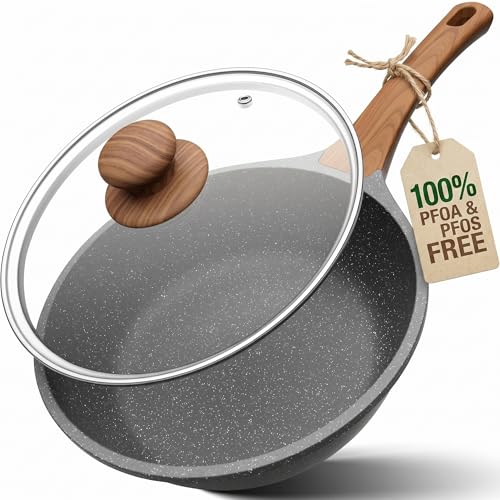 Image of YASHE 10 Inch Nonstick Saute Pan with Glass Lid, 3.5 QT Deep Skillet & Frying Pan, Healthy Granite Stone Cookware for Family, One Pan Replaces Five, Induction Compatible, PFOA Free