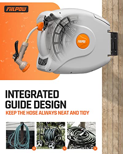 Fiilpow 100 Ft 1/2" Retractable Garden Hose Reel, Any Length Lock, Heavy-Duty Wall Mounted Hose Reel With Automatic Rewind, Brass Connector, Adjustable Patterns, 180° Garden Watering & Car Washing #TOP1