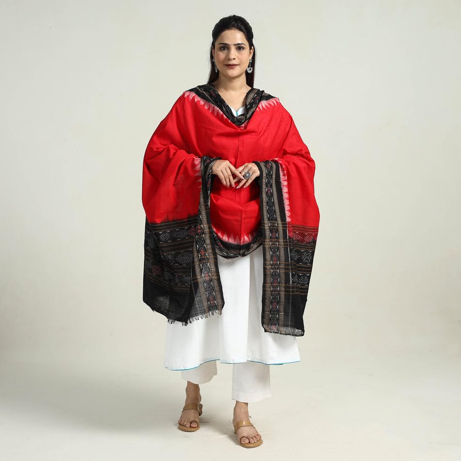 Image of Cotton Dupatta with weaving and Ikat woven border from the Weavers Stole for Girls & Women