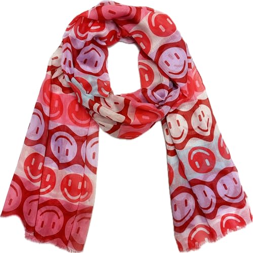 Bufanda sonriente de mezcla de seda con estampado de sonrisa para verano, primavera, otoño, pañuelo para el cuello, estola, bufanda de transición, seda, cara, rojo, 180 x 75 cm