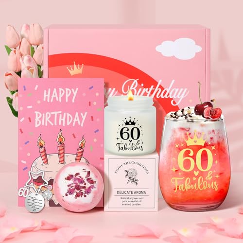Tecanne 60th Birthday Pamper Gift Set for Women - Personalised Glass Wine Glass, Gin Gift Box for Retirement - For Mum, Grandma, Sister, Best Friends