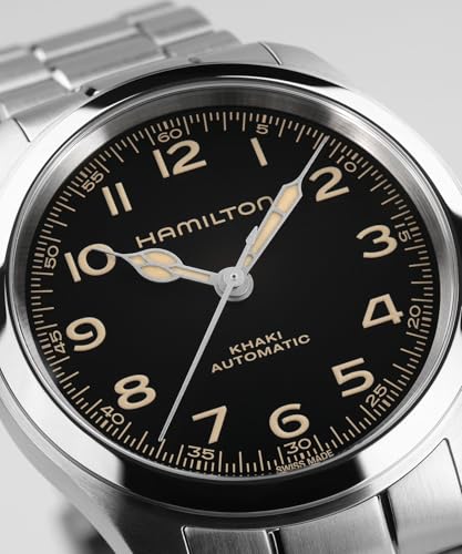 Image of Hamilton Khaki Field Murph Automatic Men's Watch, 38mm Stainless Steel Case, Swiss Made, Black Dial Analog Wrist Watch, 100m Waterproof, Sapphire Crystal, 3-Hand Movement, Stainless Steel Strap