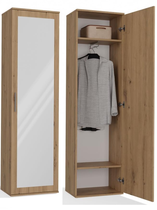 BDW Artisan - Armoire double avec miroir, armoire moderne, multifonctionnelle, pour couloir, chambre, chambre d'enfant, 180 x 50 x 35 (profondeur), couleur chêne