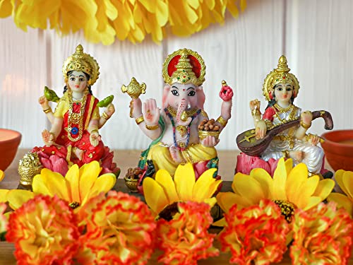 India Laxmi Ganesh Saraswati Statue - 3.9”H Indian God Lakshmi Ganesha Saraswati Idol Figurine Hindu Diwali Gifts Diwali Decoration Home Office Mandir Temple Pooja Item #TOP1