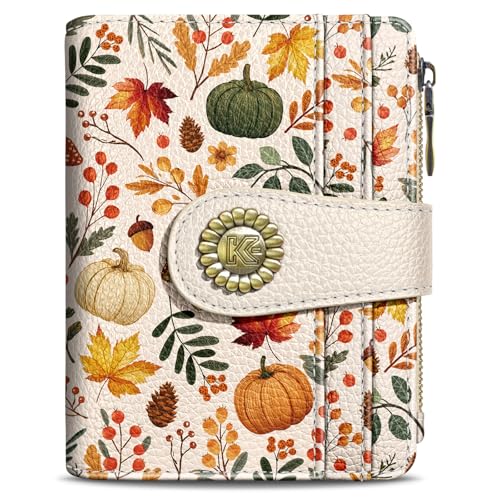 Image of Kelvoris Pumpkin Fall Leaves Mushroom Halloween Small Rfid Women Travel Wallet Bifold Zipper Coin Pocket PU Leather Compact Cash Credit Card Holder Female Ladies Teen Girls 1 ID Window 10 Card Slots