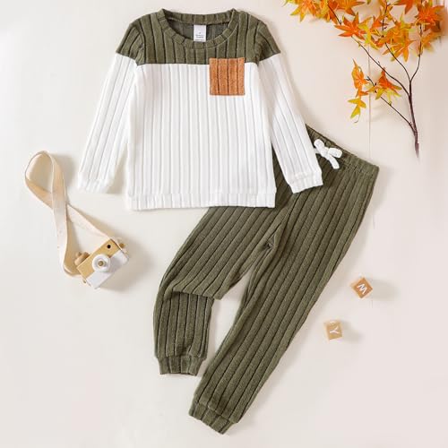 ROMPERINBOX Toddler Boy Clothes Fall Winter Outfit Ribbed Color Block Long Sleeve Sweatshirt and Solid Pants 2Pcs Set 18M-5T2