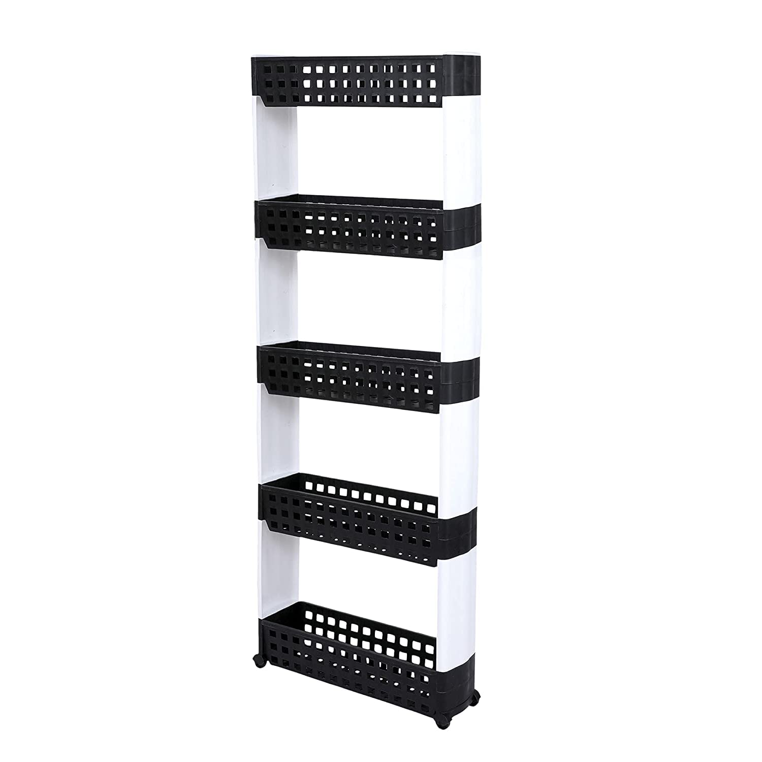 Rincy 5 Layer Multipurpose Plastic Storage Organizer Slim Rack Shelf with Wheels | Slim Slide Out Kitchen Trolley Rack Holder Storage Organ (5 Shelf, Black & White)