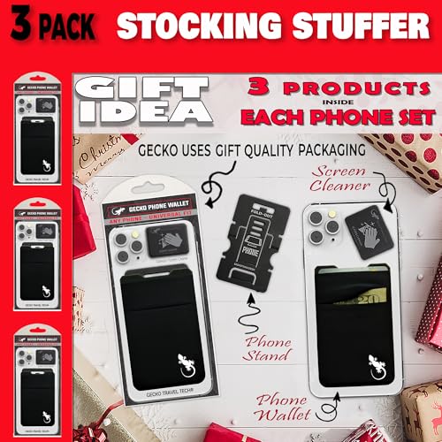Image of Gecko Travel Tech Double Pocket - Adhesive Card Holder - Cell Phone Pouch - Stick on Lycra Pocket - Carry Credit Cards and Cash (3 PACK - BLACK WHITE)