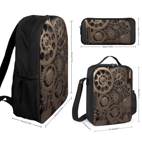 3 Piece Backpack for Women Men Lightweight Causal Daypack Shoulder Bag Set with Insulated Lunch Bag And Pencil Case Organizers Steampunk Mechanical Gears2