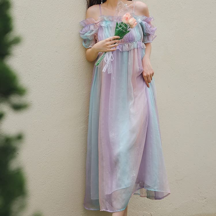 n/a Rainbow Vintage Fairy Dress Women Sweet Ruffles Elegant Princess Midi  Chiffon Puff Sleeve (Color : As shown, Size : S code) : Amazon.co.uk:  Fashion