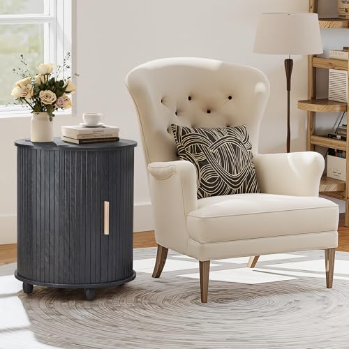 Image of 18 inch Round End Table, Modern Wood End Side Table with Charging Station - 2 AC + USB + Type-C, Fluted Nightstand with Sliding Door for Living Room, Bedroom (18 Inch, Black)