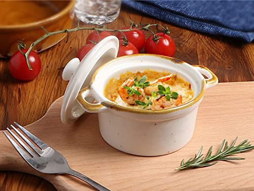 ONEMORE Ceramic Ramekins with Lids – 6oz, Set of 4 – Oven Secure Small Casserole Dish with Handles – Cocotte Set for Particular person Serving – Creamy White