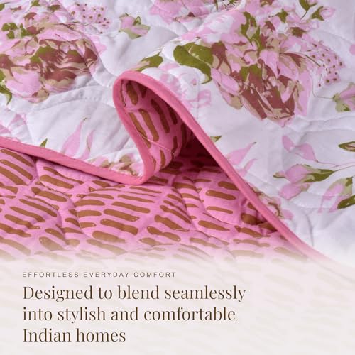 Image of HUESLAND Reversible AC Quilt Blanket Single Bed | 100% Cotton Quilted Shell, Super Soft 120 GSM Microfibre Wadding | Lightweight Comforter for All Weather Use | 55 x 88 inches, Blushing Blooms