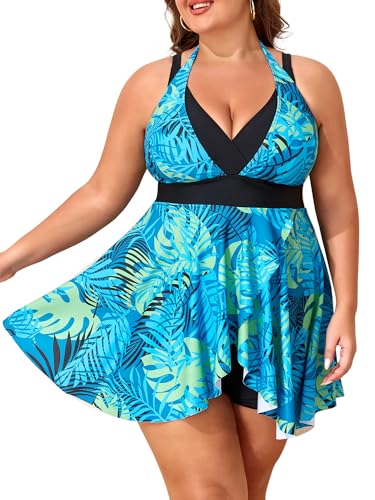 Plus Size Swimsuits for Women 2025 Tummy Control Two Piece Tankini Halter Adjustable Straps Swim Dress with Boyshorts