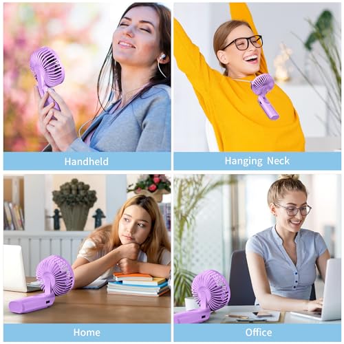 Portable Hand Fan, Mini Rechargeable Small Fan, 4000mAh Long-Lasting Battery Fan, 180° Foldable Table Fan, 6-Speed Quiet Fan with LCD Display, Lanyard Neck Fan for Travel, Makeup, Office (Lightpurple) 7
