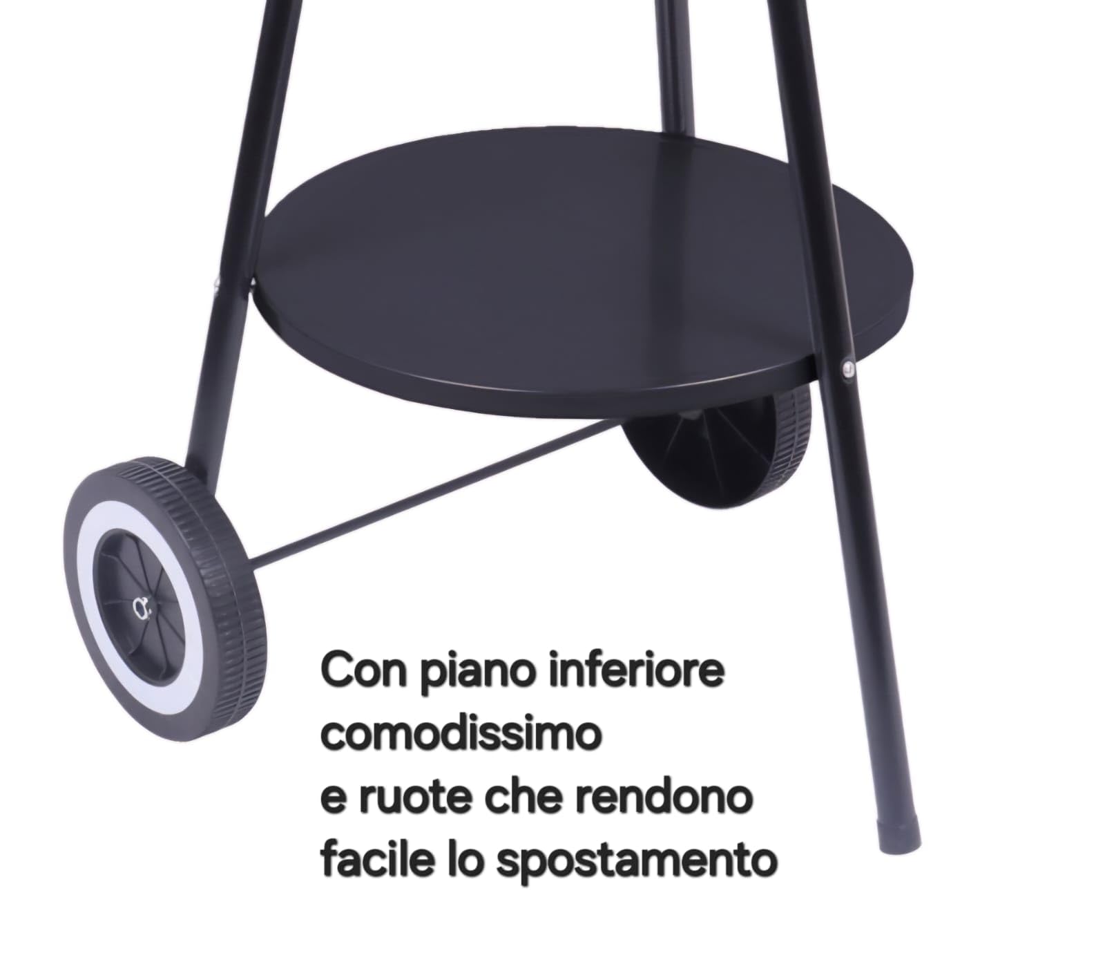 Barbecue Rotondo BBQ con Ruote Empotec da Esterno Griglia Cromata 42 x 77cm Regolabile 3 altezze Maniglia Grande Piano Inferiore 3 Gambe Ripiano D'Appoggio Cottura Grill Paravento Alto 15cm