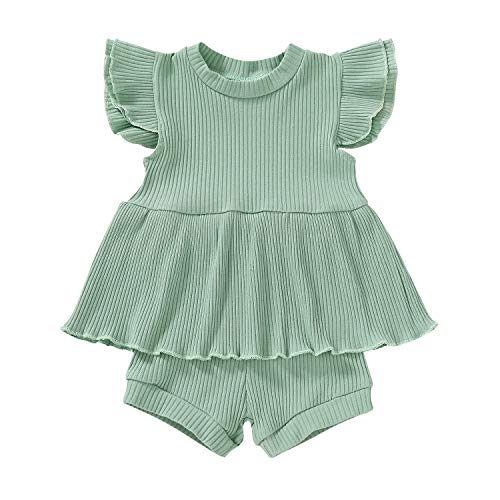 Toddler Infant Baby Girl Summer Clothes Sleeveless Ruffle Tops Bowknot Shorts 2Pcs Baby Casual Outfits Set (2-3T, Green#2)