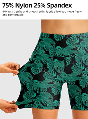 Women's 6" High Waisted Swim Board Shorts Tummy Control Quick Dry Bathing Bottoms For Women With Panty Pockets(Leaf,L) #TOP4