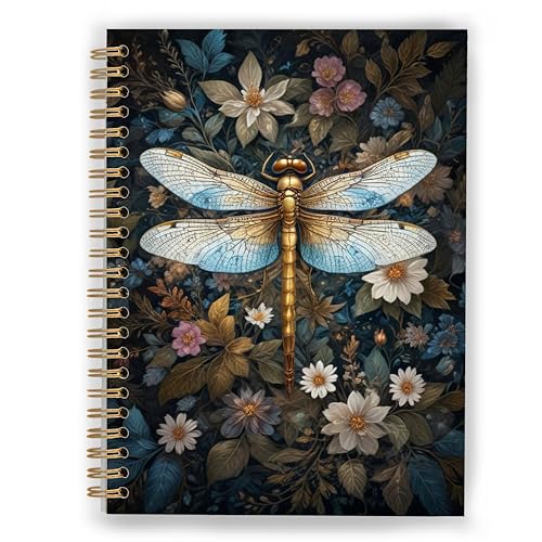 XUNLURY Vintage Floral Dragonfly Notebook 5.5x8.3 Inch, Rustic Mosquito Hawk Dark Green Botanical Dragonfly Journal, Cottagecore Flower Plant Journal, Dragonfly Floral Notebooks for School Work
