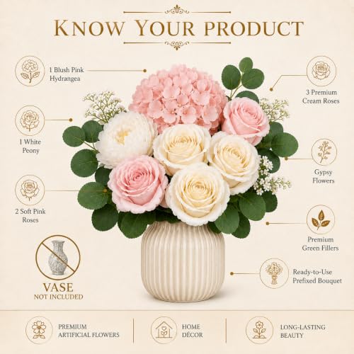 Image of Divyakosh Artificial Flowers for Vase (Vase Not Included) Artificial Flower for Vase, Flower Bouquet Gift, Blush Pink Hydrangea, Ivory Rose & White Peony Artificial Flower Arrangement for Living Room