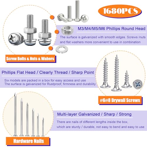 Image of Dianrui 1680 PCS Nails and Screws Assortment Kit & Screw Bolts and Nuts, M3 /M4 /M5 /M6 Machine Screws, Small Nails for Picture Hanging, #6#8 Drywall Screw Set for DIY Repair Project Length 1 /2 inch to 2 inch