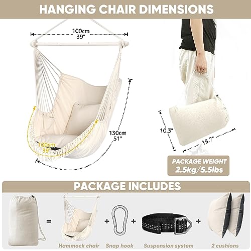 Chihee CH--HC-3JKZ-WHITE Hammock Chair Hanging Swing Max 500 Lbs 2 Cushions Included Steel Spreader Bar With Anti-Slip Grooves Portable Hanging Chair Side Pocket Large Macrame Bohemian Chair Indoor Outdoor thumb #4