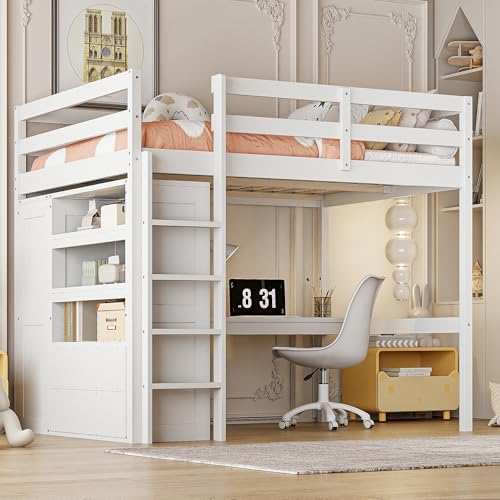 Harper & Bright Designs Full Size Loft Bed with Desk, Storage Shelves and Drawers, Solid Wood Loft Bed Frame with Built-in Wardrobe, White