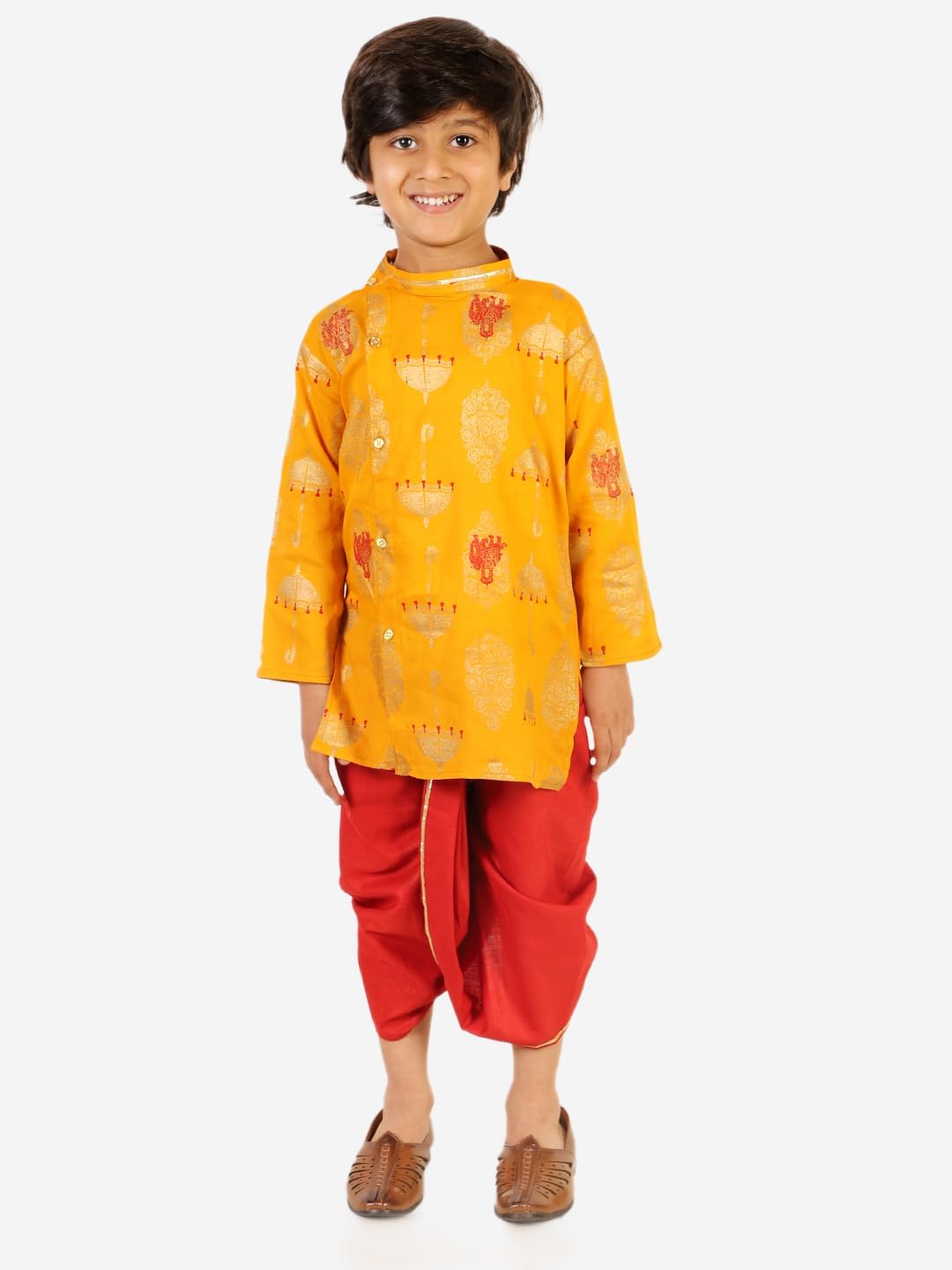 Superminis Boy's Golden Foil Printed Side Open Cotton Kurta, Round Collar, Full Sleeves With Cream Color Dhoti, Kurta Set - Image 2