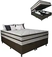 Cama Box Baú Casal King Gazin Colchão Molas Ensacadas Pillow Top Love Story 193x203x71cm Branco/Marrom - Suporta Até 120Kg Por Pessoa