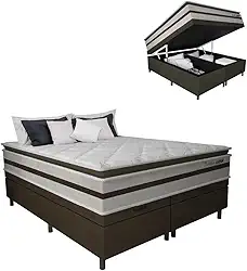 Cama Box Baú Casal King Gazin Colchão Molas Ensacadas Pillow Top Love Story 193x203x71cm Branco/Marrom - Suporta Até 120Kg Por Pessoa