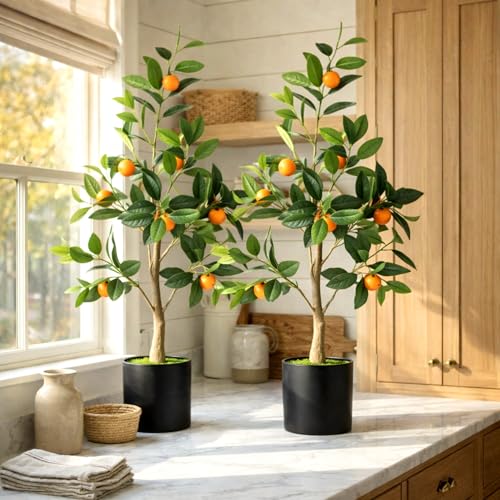 Suncalla 2 Pack Artificial Orange Potted Plants 31.5 Inches Fake Orange Tree Simulation Realistic Fruit Plant with Pot Faux Tree Indoor Decoration for Home Office Living Room Table Desk