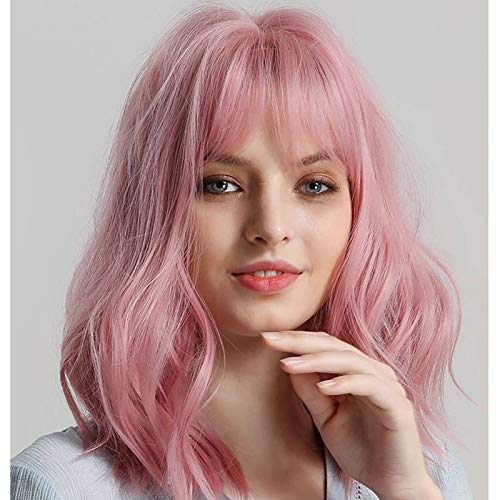 Pink Wavy Bob Wig for Women with Bangs Synthetic Hairï¼Œ Anime Cosplay Wig Shoulder Length 14inch, Easy To Install, Soft and Natural Look , Heat Resistant Synthetic Wig with Free Wig Caps