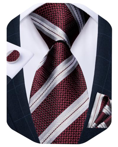 Image of DiBanGu Striped Tie Set for Men Silk Woven Plaid Necktie and Pocket Square Cufflinks Business Wedding