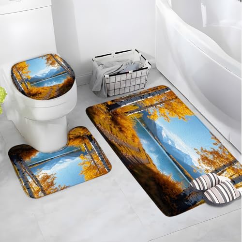 AYDSMYD 3 Piece Fall Forest Bath Mat Autumn Brich Tree Lake Mountain Nature Outdoor Landscape Bathroom Bathtub Floor Rugs Absorbent Doormat Toilet Decor