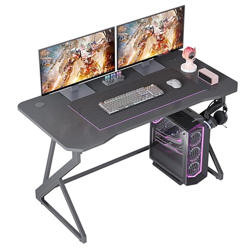 Image of Grandder Gaming Desk Z Shaped 47 Inch Gamer Workstation, Home Computer Carbon Fiber Surface Gaming Desk PC Table with Headphone Hook, Carbon Fiber Grey