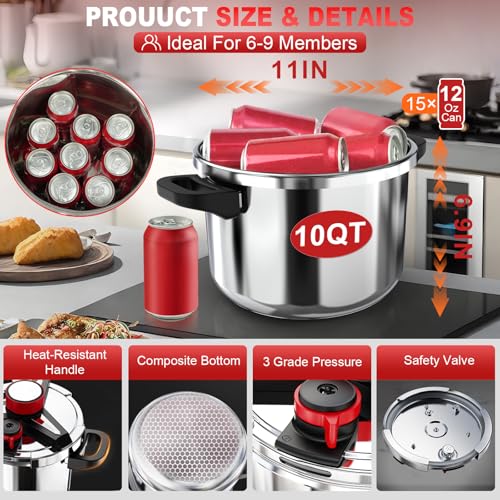 Image of 3-In-1 304 Stainless Steel Pressure Cooker 10 Quart: [3 PSI Settings], One-Hand Locking, Induction Compatible, Glass Lid & Steamer Rack Included, Olla de Presion