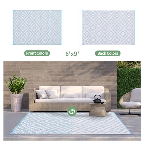 Image of GENIMO Outdoor Rug for Patio Clearance, 6'x9' Waterproof Camping Mat, Reversible Plastic Straw Rugs for RV, Camper, Balcony, Backyard, Picnic, Deck (Baby Blue & Pink)