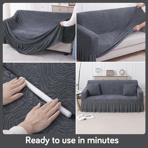 Image of HOKIPO 1 Seater Sofa Cover with Frill- 240 GSM Premium Jacquard Stretchable Fully Covered Slipcover, 'Serene Wave Series' Pewter Grey (AR-6352)