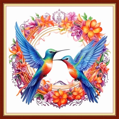 Image of Foxdiviy Stamped Cross Stitch Kits - Flower Hummingbird 18x18 inch - Pre-printed Embroidery Patterns - Art Crafts DIY Needlework Starter Kits for Beginners Adults All Ages