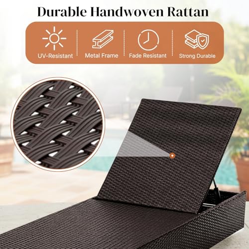 Image of DEVOKO Outdoor Rattan Wicker Sun Lounger Recliner for All Weather Comfort with Durable Metal Frame Ideal for Garden, Deck, Lawn, Poolside (Dark Brown & Cream)