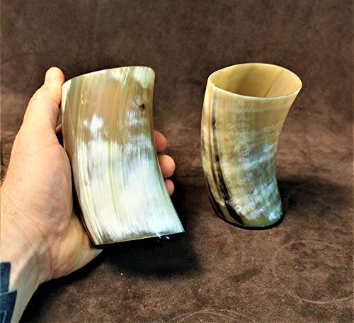 Viking Drinking Horn - Handmade Viking Horn Mead Cup - Genuine Ox Horn Mug Tankard - Unique Drinking Vessel, 8 to 10 Oz (6 Inch, Pack of 2)