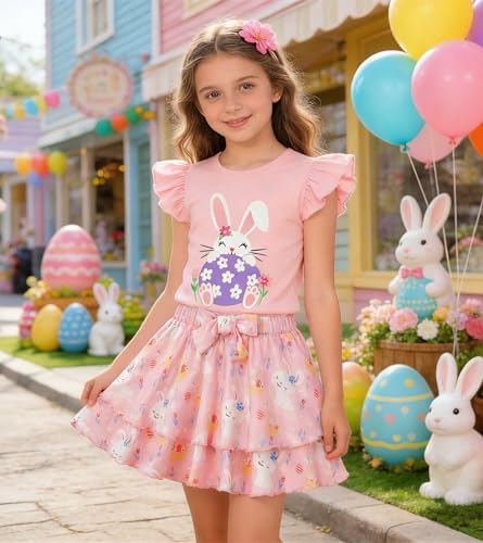 Image of Girls Skirt Set 2 Piece Outfit Toddler Summer Clothes Ruffle Sleeve T-Shirt Bow Knot Tutu Skirt Outfit Set
