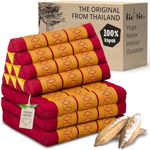 livasia cojín tailandés con 3 Inferiores - 175x50x8cm - Cojín Triangular y colchón Plegable, Almohada,kapok, Cojín Espalda, Esterilla Thai Plegable, Hecho a Mano, Cojín meditación (Rojo/Amarillo)