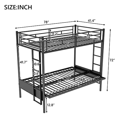 BOVZA Twin Over Futon/Full Bunk Bed, Convertible Couch and Bed, Heavy Duty Metal Frame with 2 Side Ladders and Guardrail for Kids/Teens/Adults, Black