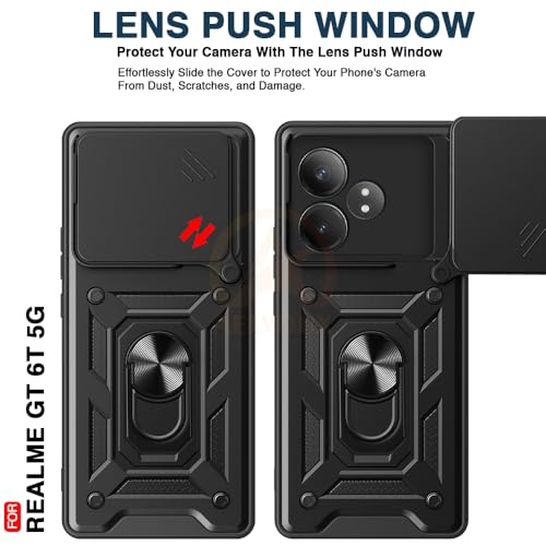 Image of Armor Bumper Back Cover Case for Realme GT 6T 5G / GT Neo 6 SE 5G Rotating Camera Cover, Ring Holder & Kickstand | Heavy Duty & 360 Degree Protection Back Cover (Black)