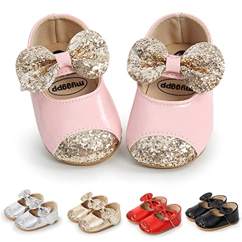 Qwzban 2Pcs/Set Baby Girls Mary Jane Flats With Bownot Non Slip Soft Sole Sequins Pu Leather Newborn Infant Toddler First Walker Cirb Party Christmas Dress Shoes #TOP2