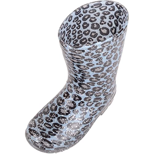 Childrens Kids Girls Slip On Waterproof Leopard Print Walking Rain Snow Wellington Boots - Blue - US Infant 11