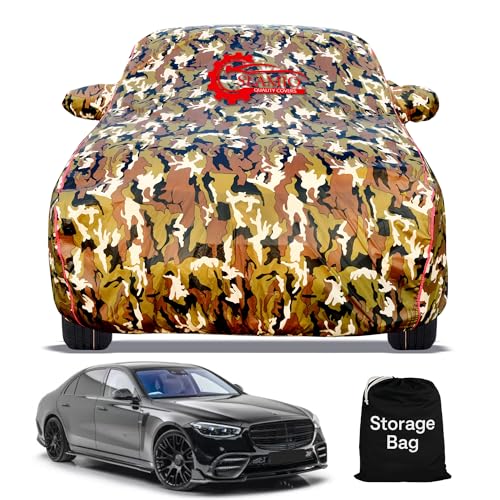 Image of Waterproof Car Body Cover for Mercedes S-Class with Mirror Pocket, Soft Cotton Lining, Triple Stitched, Full Bottom Elastic (Heat Resistant Jungle Print with Red Piping)
